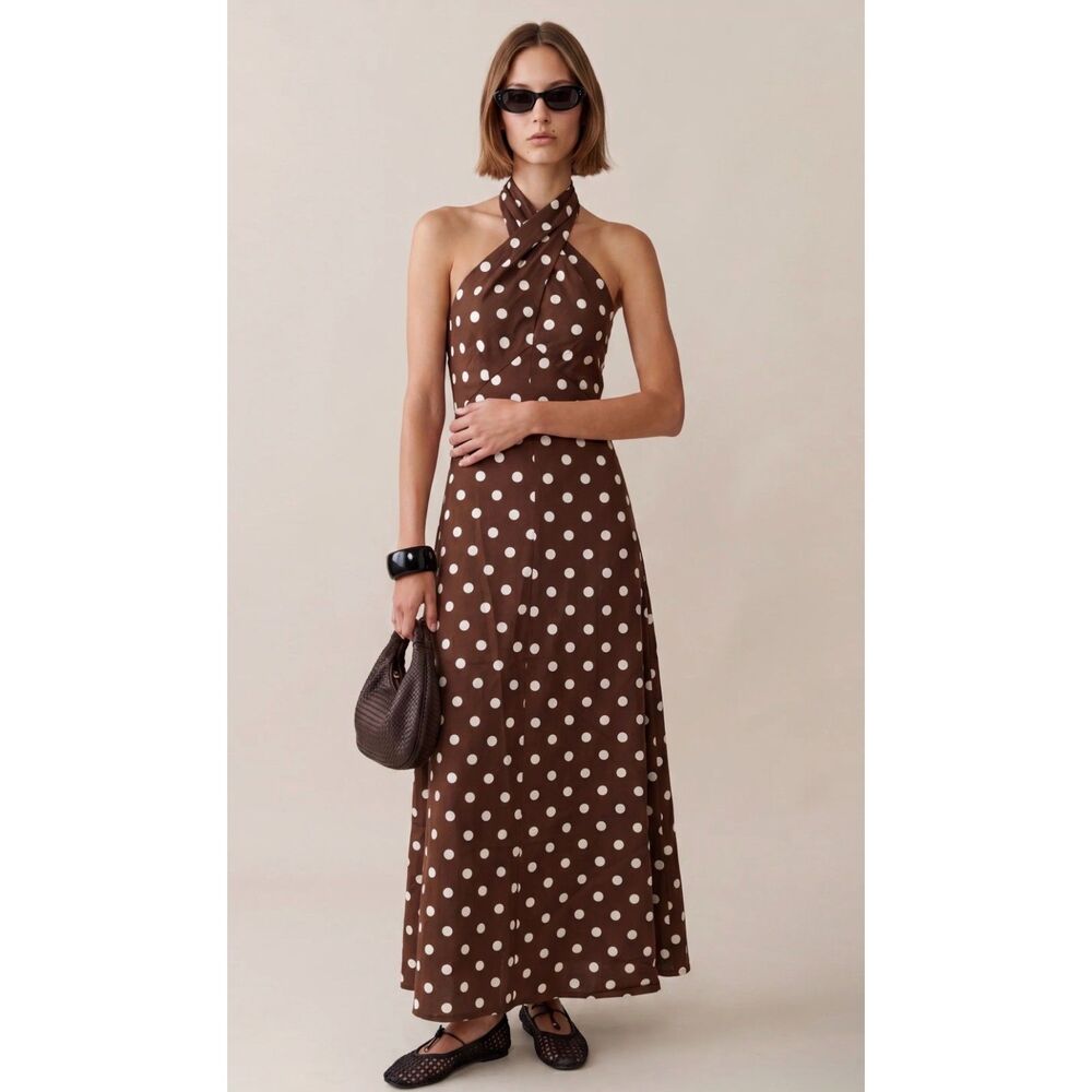 Few Moda x o.p.t. Noelle Brown Polka Dot Linen Maxi Dress Women's M NWT